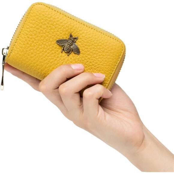RFID Leather Card Holder Wallet for Women Small Zipper Coin Purse Bee Design - Picture 6 of 7